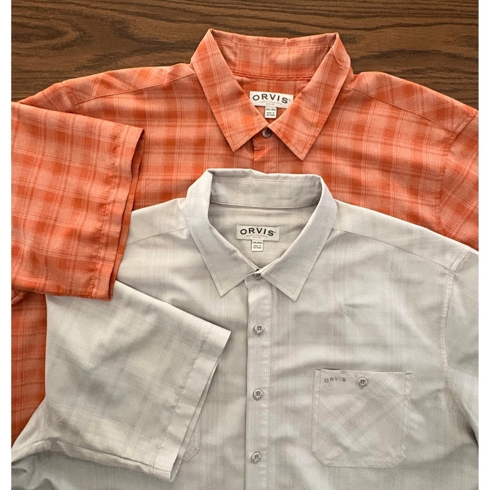 Lot of 2 Orvis Mens Button Down XXL Orange Grey Plaid Short Sleeve Utility